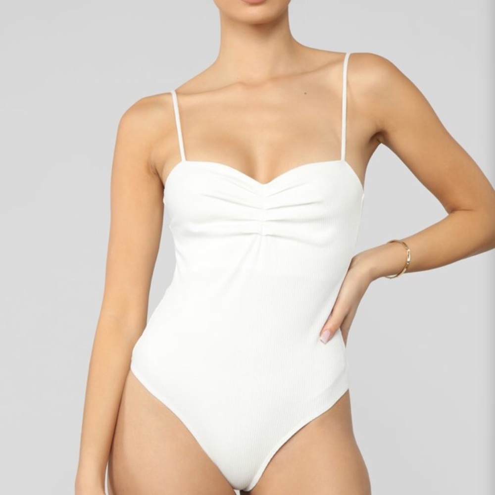 White Ruched Ribbed Bodysuit